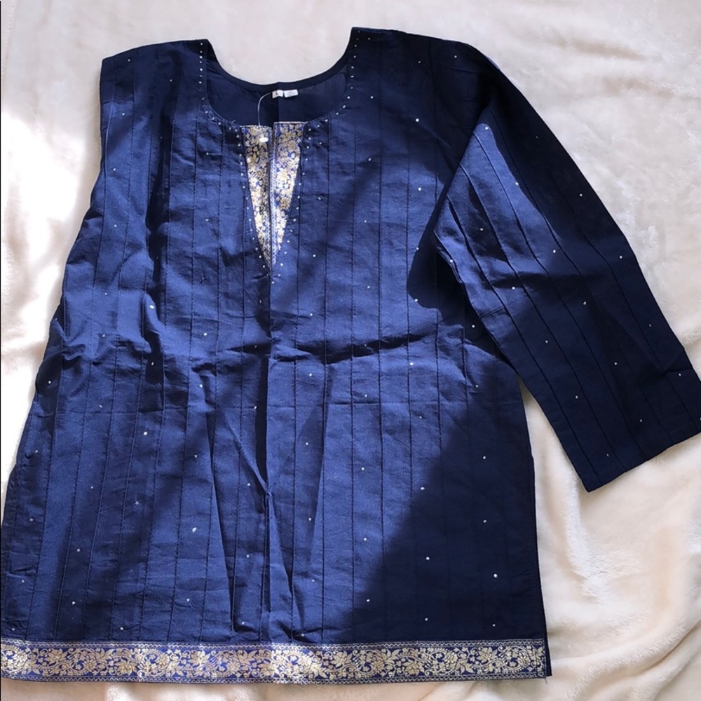 Brand new navy blue blouse with gold/silver detail
